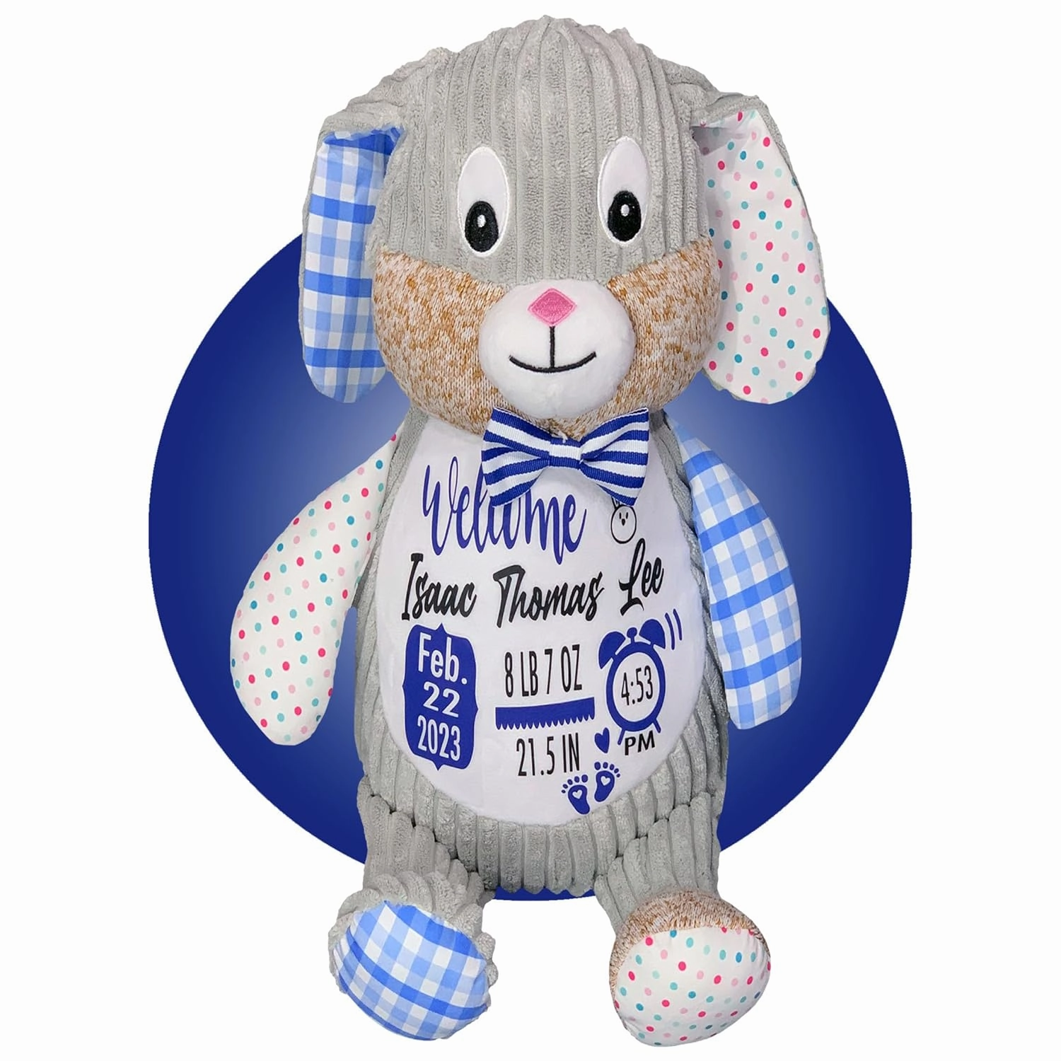 Newborn Stuffed Animal - Personalized Baby Boy Gifts - Baby Name Sign - Baby Announcement Sign - Baby Personalized Gifts - Personalized Baby Blanket Set - (Bunny Blue (Sensory))