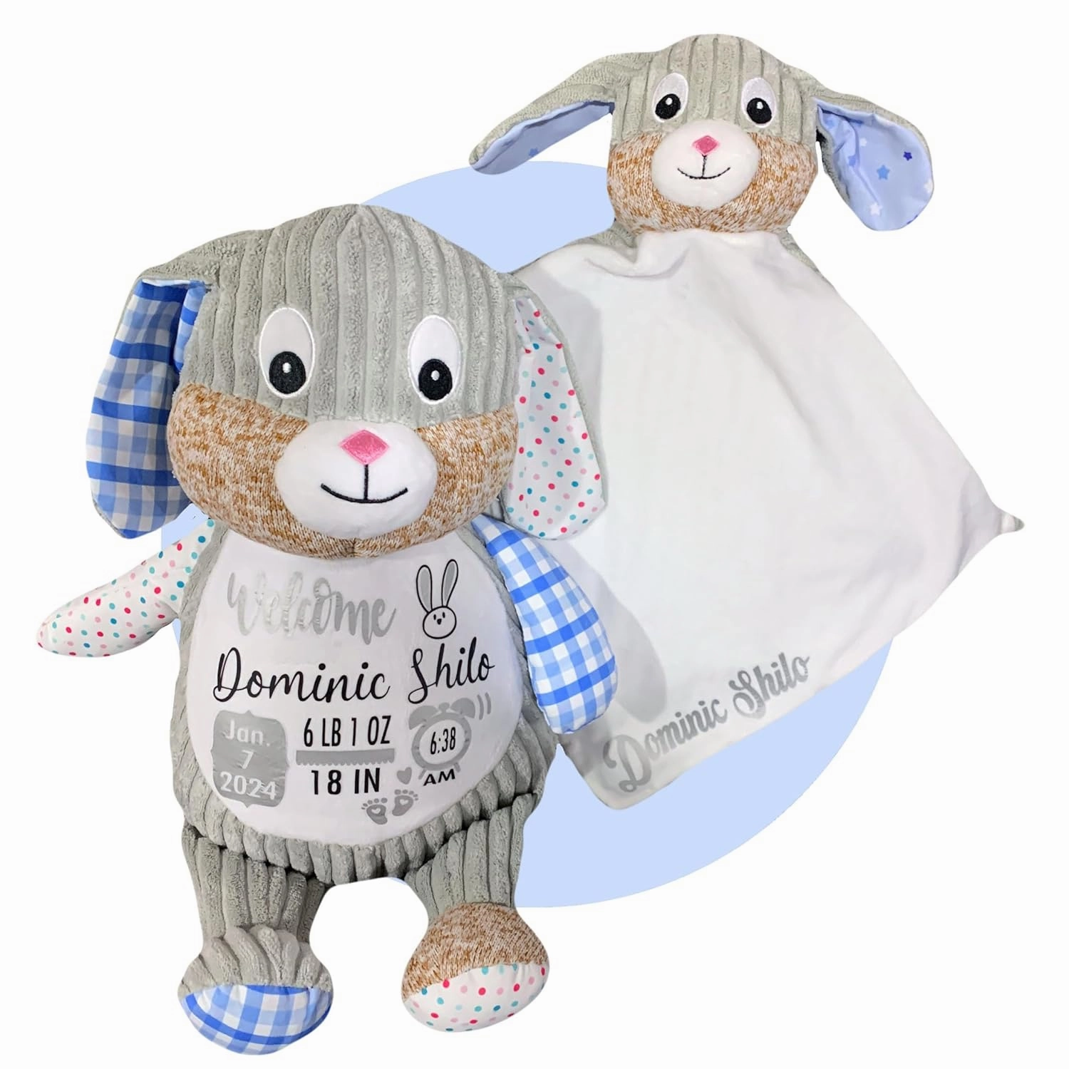 Newborn Stuffed Animal - Personalized Baby Boy Gifts - Baby Name Sign - Baby Announcement Sign - Baby Personalized Gifts - Personalized Baby Blanket Set - (Bunny Blue (Sensory))
