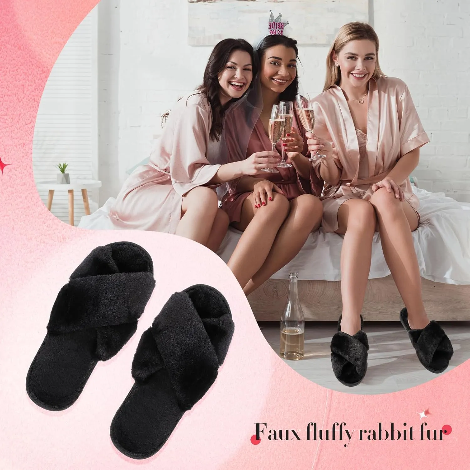 Newcotte 2 Pairs Women's Fuzzy Slippers Cross Band Fluffy Plush Cozy Open Toe House Slippers for Bridesmaid Indoor Outdoor