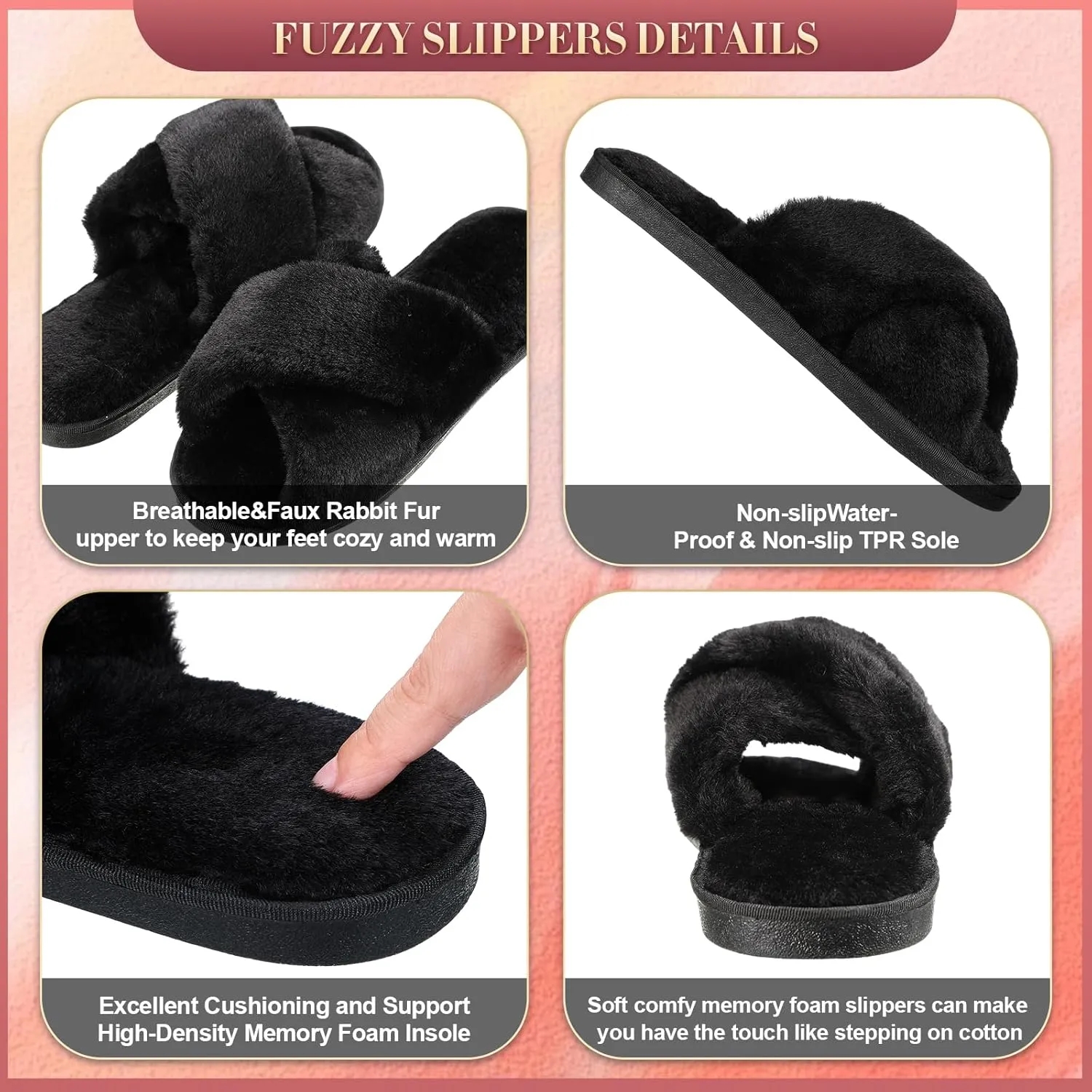 Newcotte 2 Pairs Women's Fuzzy Slippers Cross Band Fluffy Plush Cozy Open Toe House Slippers for Bridesmaid Indoor Outdoor