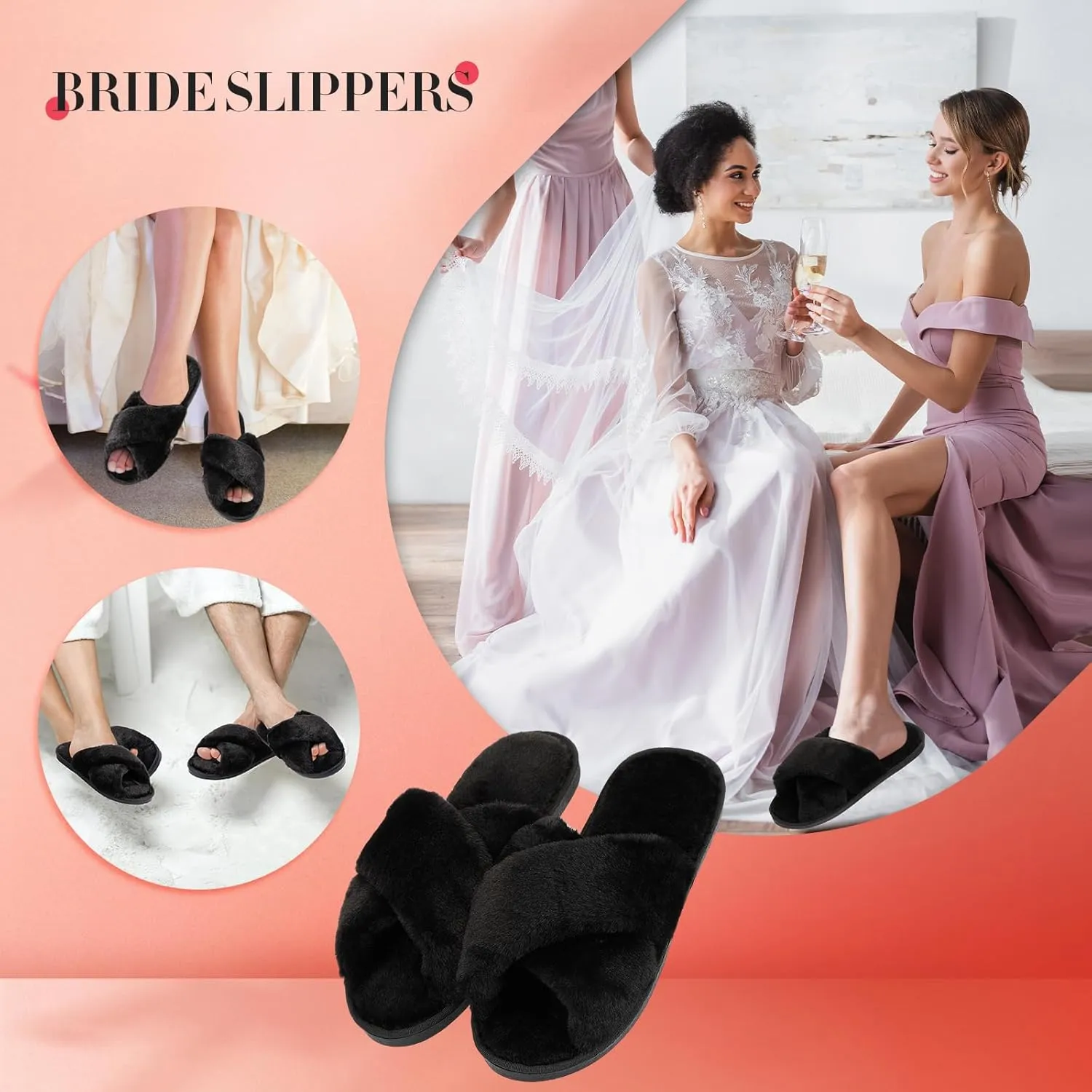 Newcotte 2 Pairs Women's Fuzzy Slippers Cross Band Fluffy Plush Cozy Open Toe House Slippers for Bridesmaid Indoor Outdoor