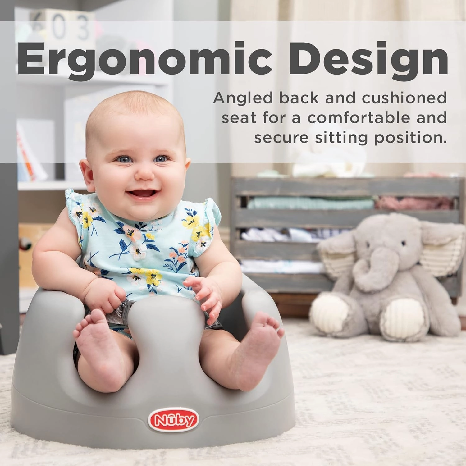 Nuby My Floor Seat - Portable Baby Chair with Soft Foam Cushion, Safety Harness, and High Back Design - 4  Months - Gray