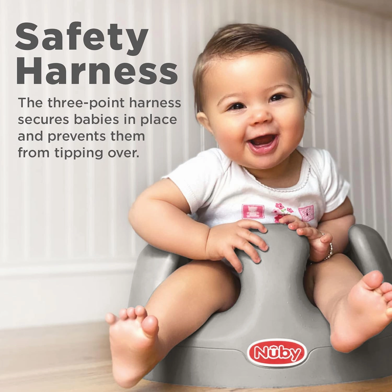 Nuby My Floor Seat - Portable Baby Chair with Soft Foam Cushion, Safety Harness, and High Back Design - 4  Months - Gray