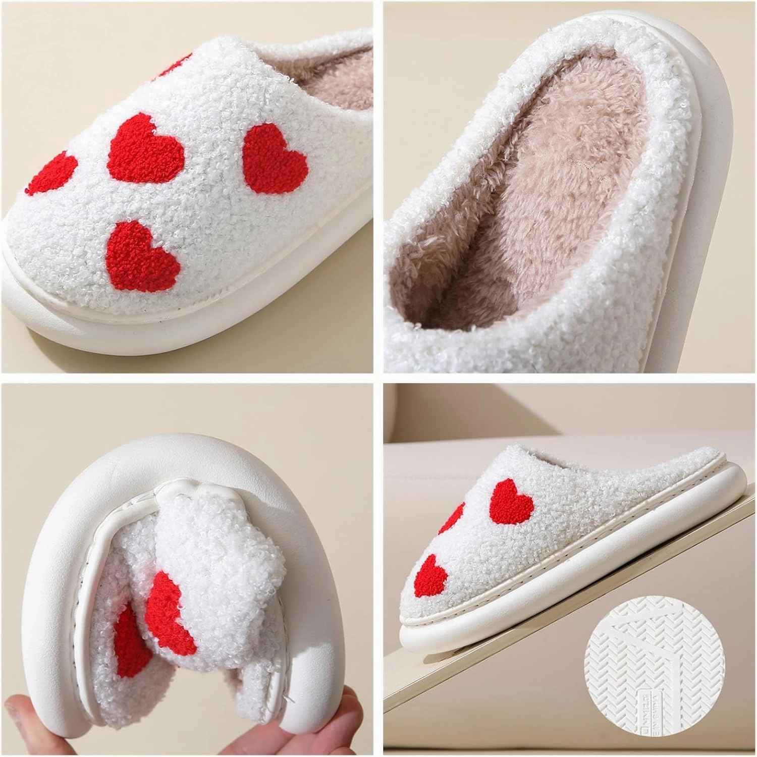 Obosoyo Plush Slippers Couples Cozy Heart Indoor Slippers Men Women Thick Sole Fuzzy Warm Winter