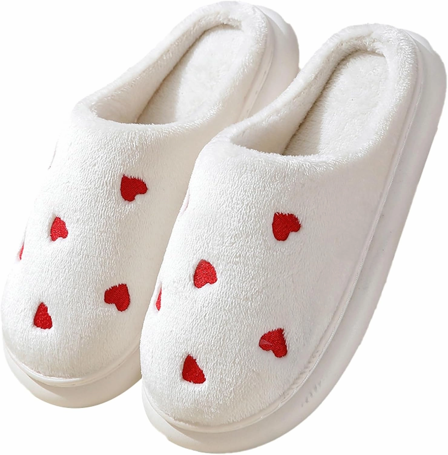 Obosoyo Plush Slippers Couples Cozy Heart Indoor Slippers Men Women Thick Sole Fuzzy Warm Winter