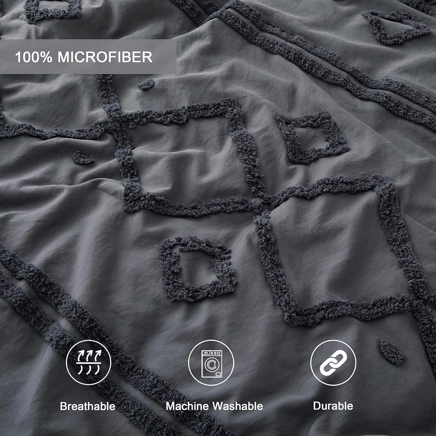 Oli Anderson Dark Grey King Comforter Set Tufted Jacquard Bedding Set 3 Pieces, Boho Shabby Chic Comforter with 2 Pillowcases (Dark Grey,King)