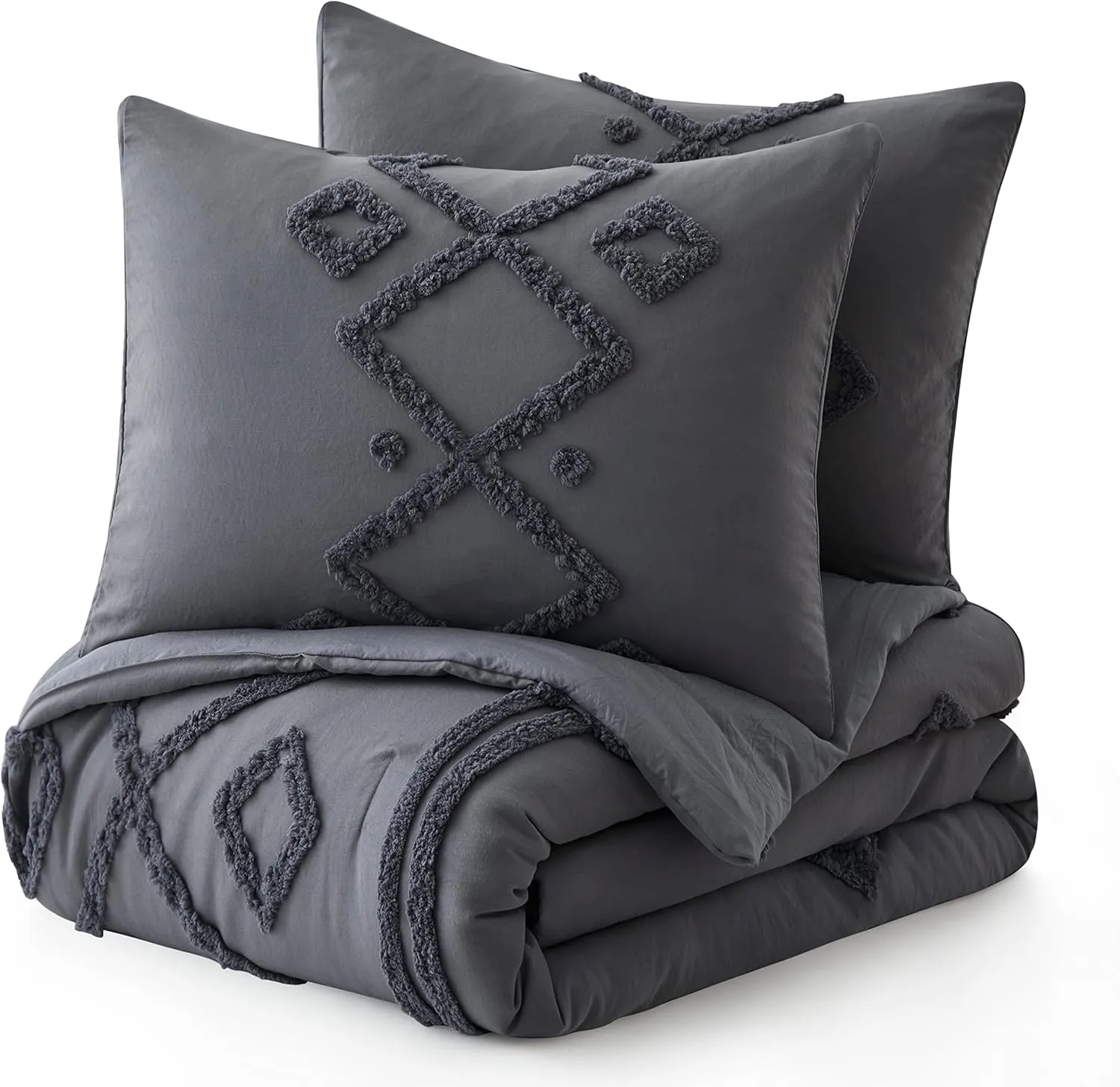 Oli Anderson Dark Grey King Comforter Set Tufted Jacquard Bedding Set 3 Pieces, Boho Shabby Chic Comforter with 2 Pillowcases (Dark Grey,King)