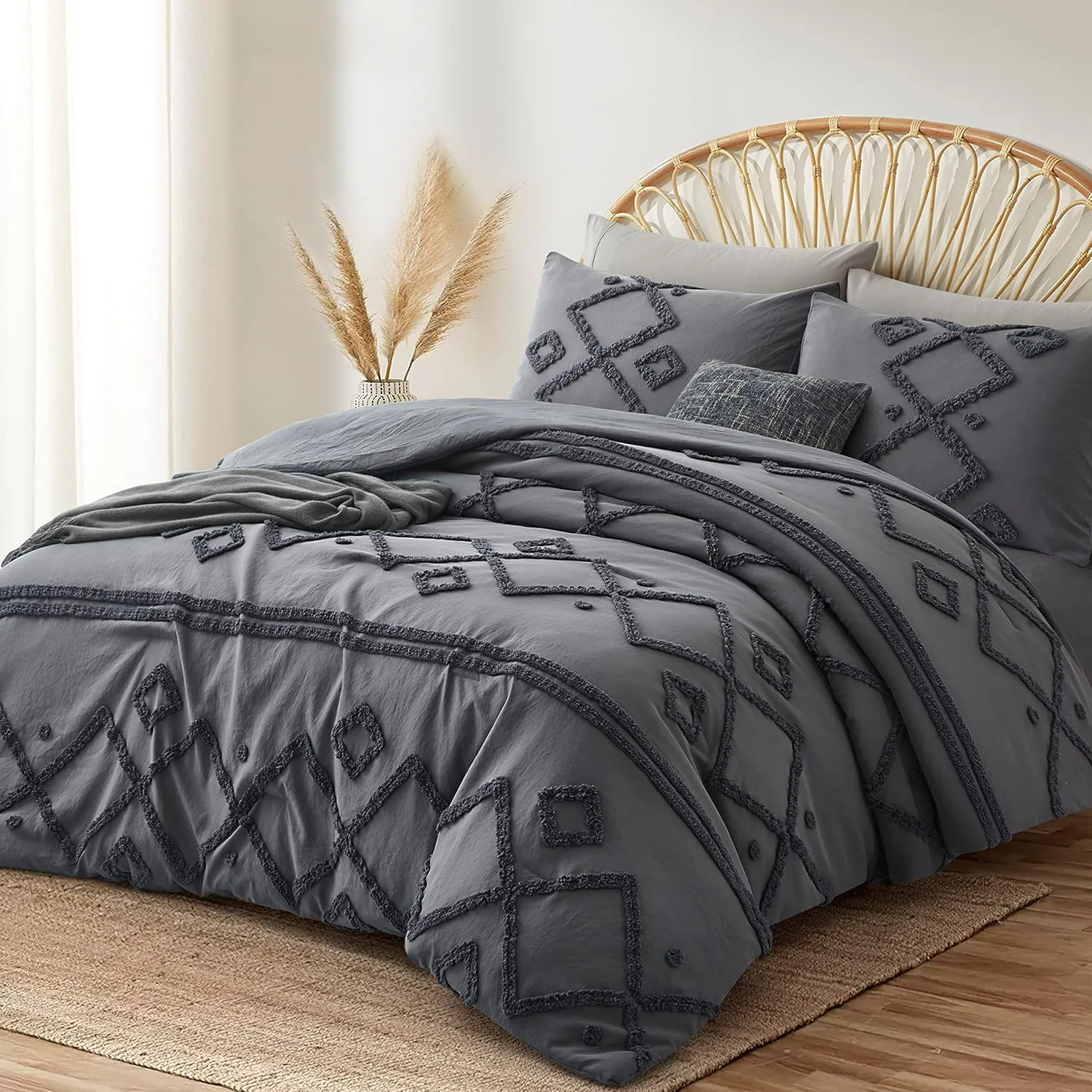Oli Anderson Dark Grey King Comforter Set Tufted Jacquard Bedding Set 3 Pieces, Boho Shabby Chic Comforter with 2 Pillowcases (Dark Grey,King)