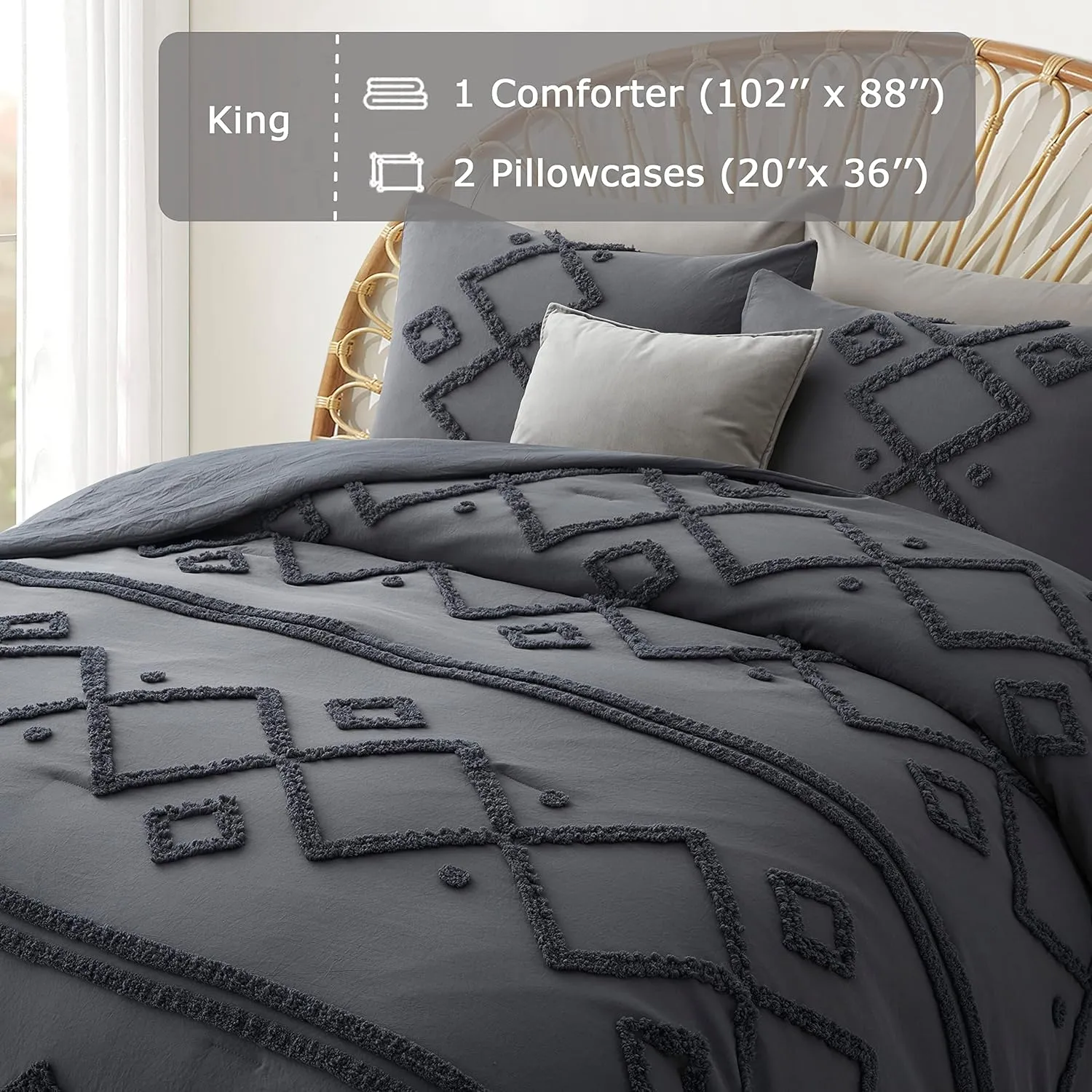 Oli Anderson Dark Grey King Comforter Set Tufted Jacquard Bedding Set 3 Pieces, Boho Shabby Chic Comforter with 2 Pillowcases (Dark Grey,King)