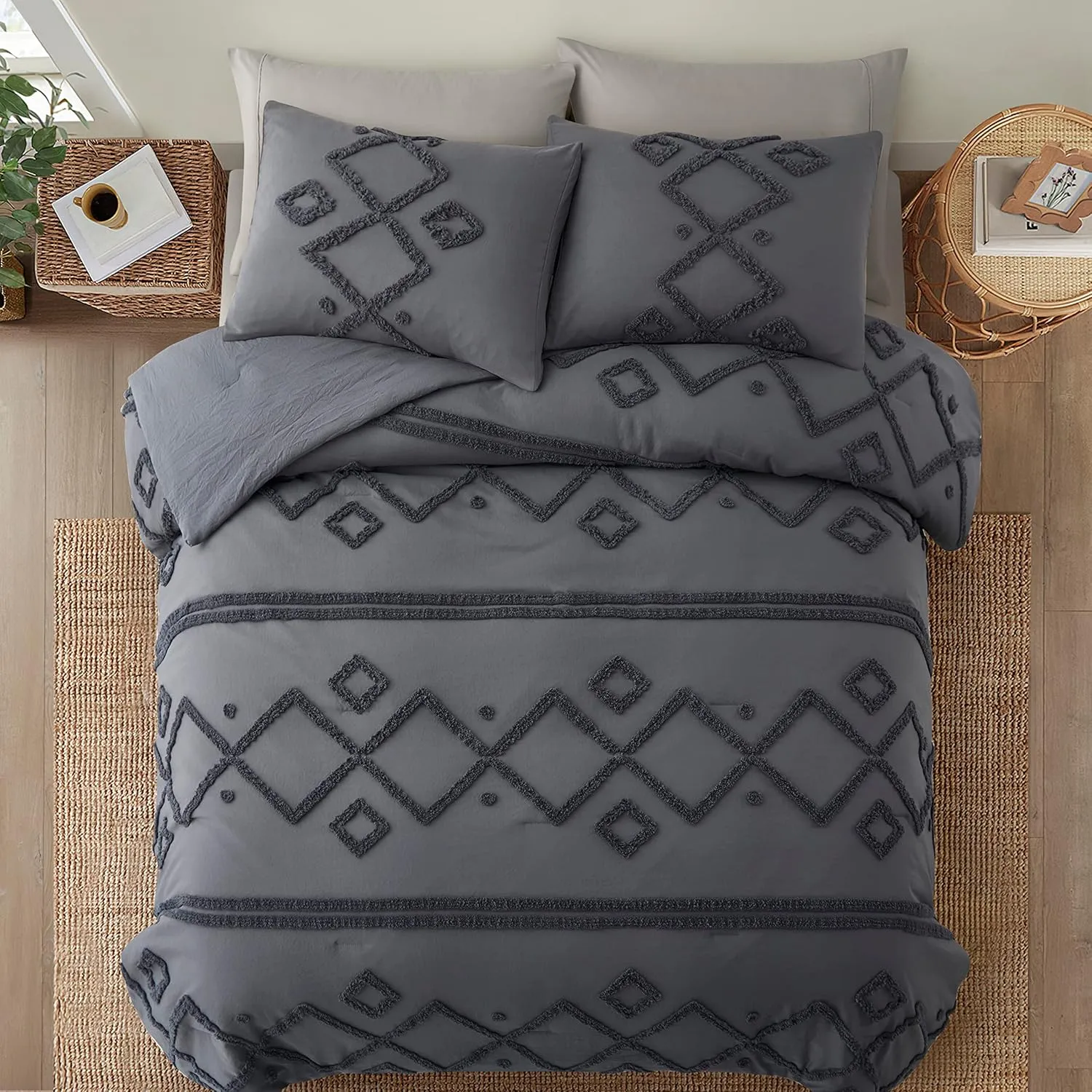 Oli Anderson Dark Grey King Comforter Set Tufted Jacquard Bedding Set 3 Pieces, Boho Shabby Chic Comforter with 2 Pillowcases (Dark Grey,King)