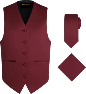 Oliver George 3pc Men's Solid Formal Waistcoat Tuxedo Dress Vest Necktie Handkerchief Set For Suit or Tuxedo