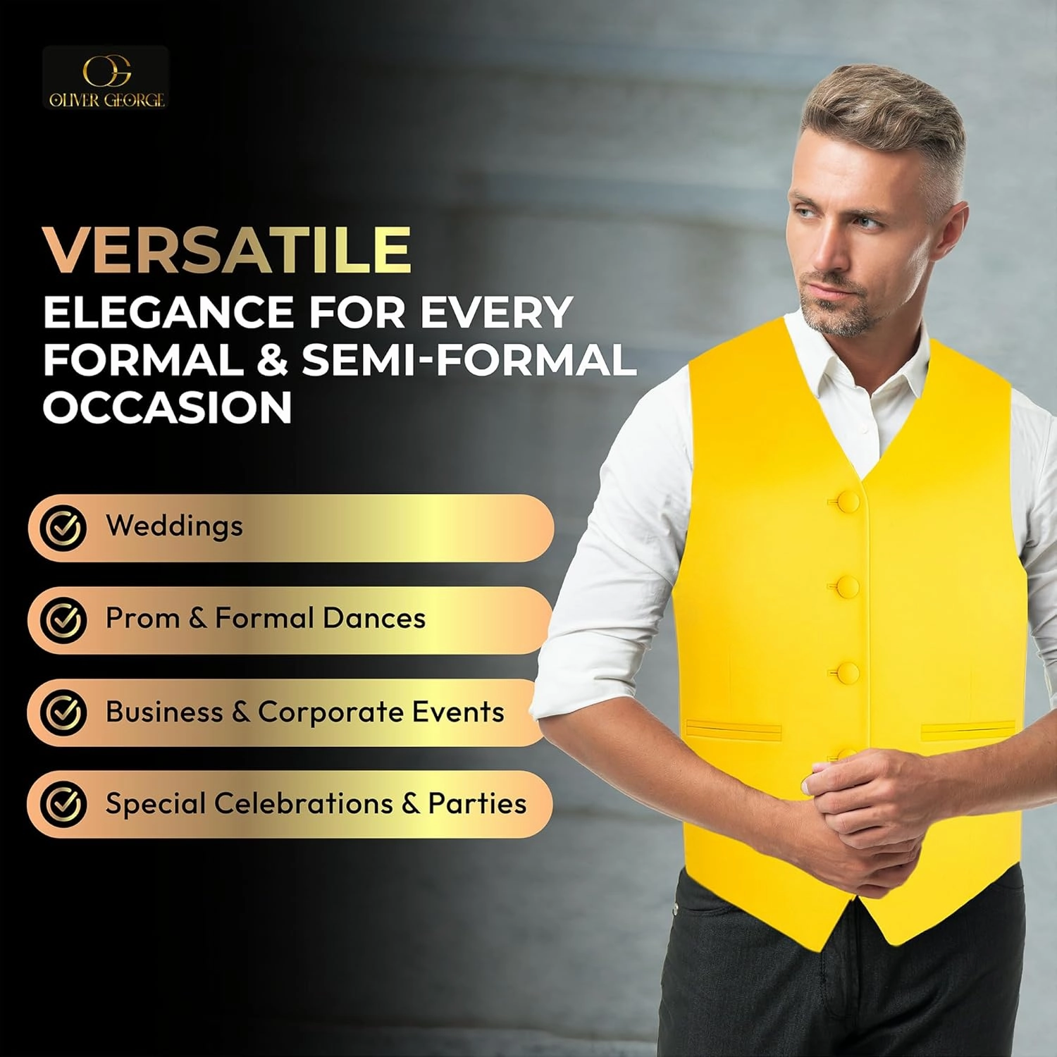 Oliver George 3pc Men's Solid Formal Waistcoat Tuxedo Dress Vest Necktie Handkerchief Set For Suit or Tuxedo