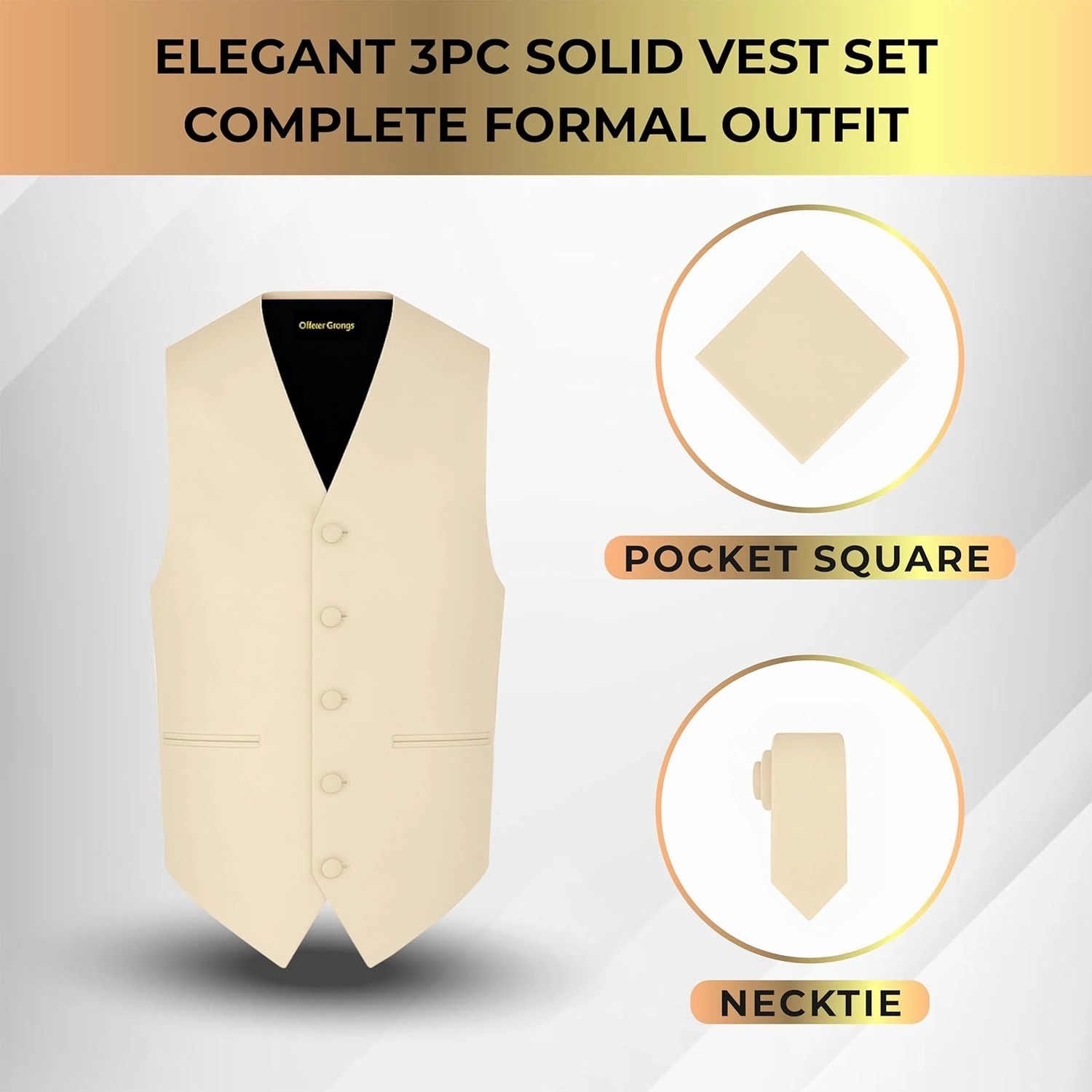 Oliver George 3pc Men's Solid Formal Waistcoat Tuxedo Dress Vest Necktie Handkerchief Set For Suit or Tuxedo
