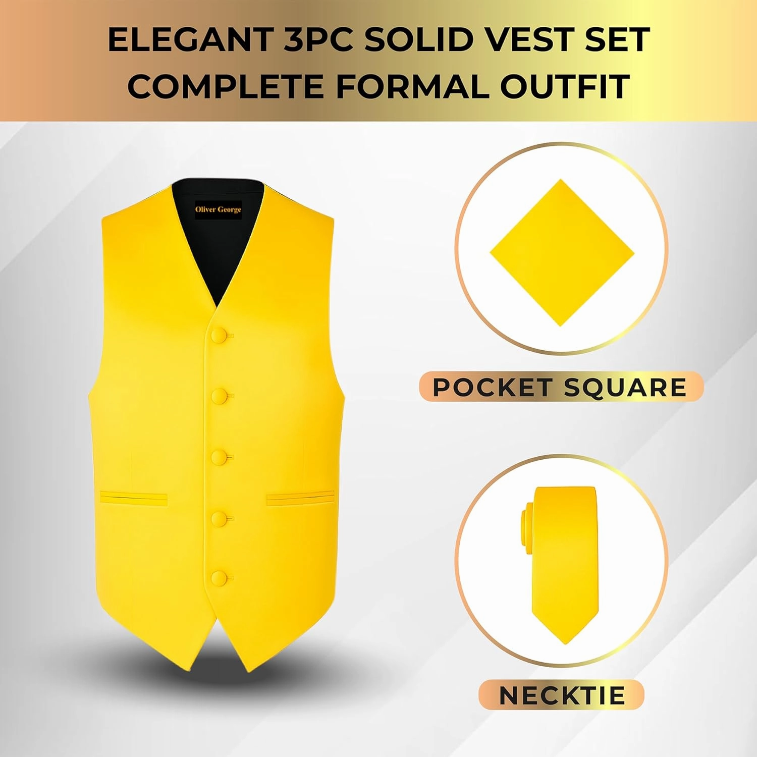 Oliver George 3pc Men's Solid Formal Waistcoat Tuxedo Dress Vest Necktie Handkerchief Set For Suit or Tuxedo