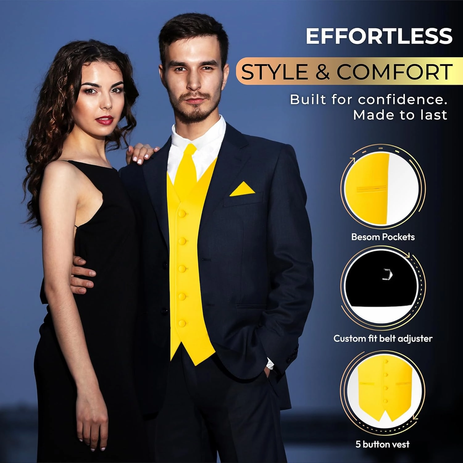 Oliver George 3pc Men's Solid Formal Waistcoat Tuxedo Dress Vest Necktie Handkerchief Set For Suit or Tuxedo