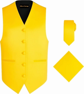 Oliver George 3pc Men's Solid Formal Waistcoat Tuxedo Dress Vest Necktie Handkerchief Set For Suit or Tuxedo
