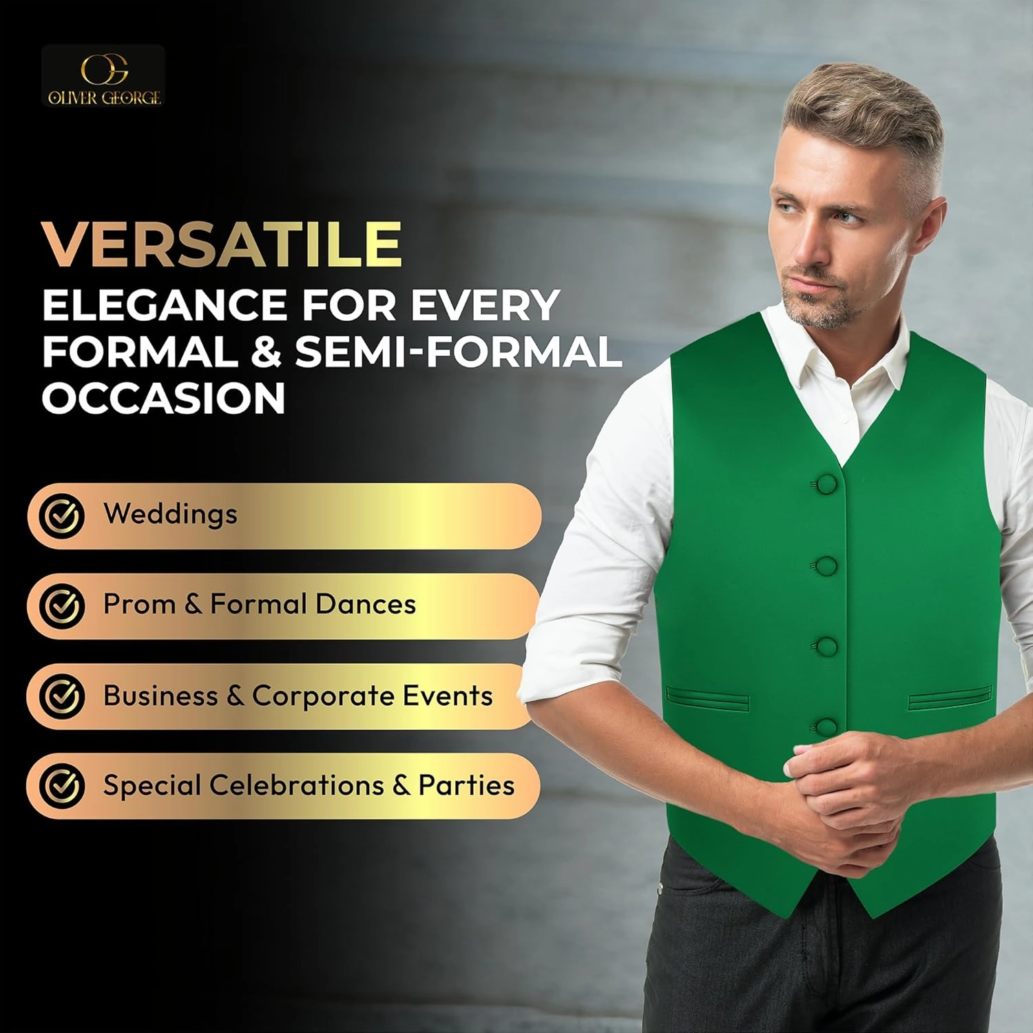 Oliver George 3pc Men's Solid Formal Waistcoat Tuxedo Dress Vest Necktie Handkerchief Set For Suit or Tuxedo