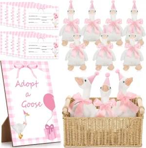 One Silly Goose Birthday Decoration 10 Sets 12 Inch Soft Goose Stuffed Animal Hat Adoption Cards with Wood Table Decor Adopt Birthday Gifts(Pink)