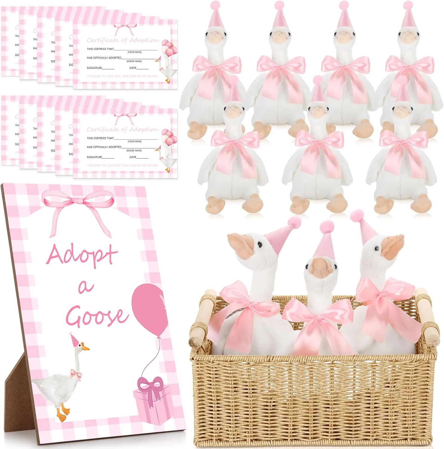 One Silly Goose Birthday Decoration 10 Sets 12 Inch Soft Goose Stuffed Animal Hat Adoption Cards with Wood Table Decor Adopt Birthday Gifts(Pink)