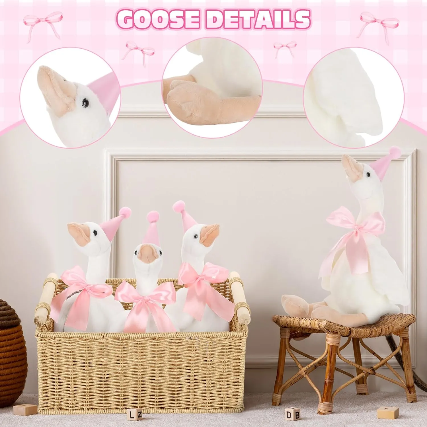 One Silly Goose Birthday Decoration 10 Sets 12 Inch Soft Goose Stuffed Animal Hat Adoption Cards with Wood Table Decor Adopt Birthday Gifts(Pink)