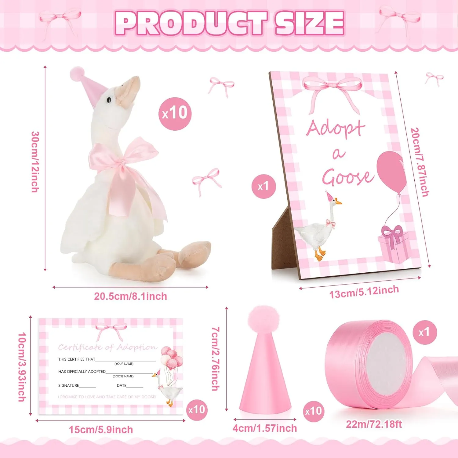 One Silly Goose Birthday Decoration 10 Sets 12 Inch Soft Goose Stuffed Animal Hat Adoption Cards with Wood Table Decor Adopt Birthday Gifts(Pink)