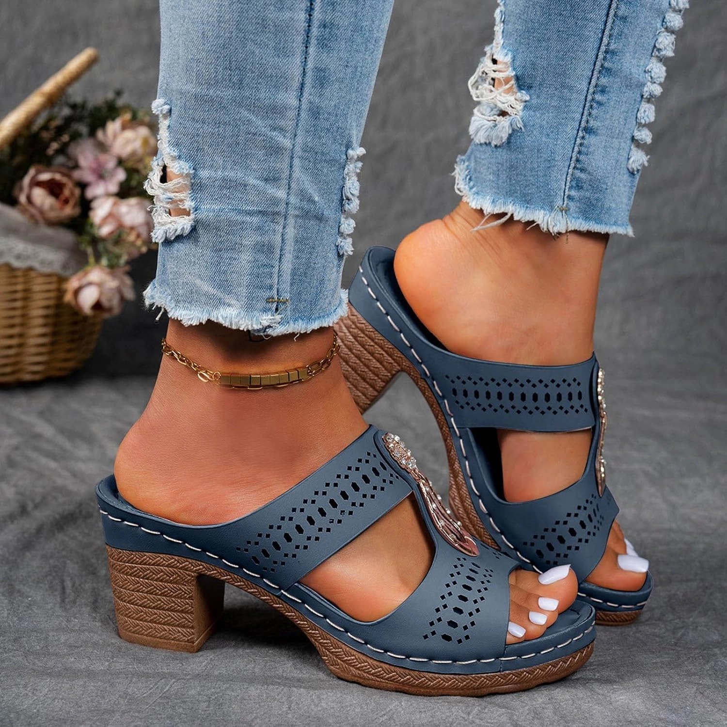 Orthopedic Rhinestones Heel Sandals, Women's Platform Chunky Heels Sandals Orthopedic Wedge Dressy Summer