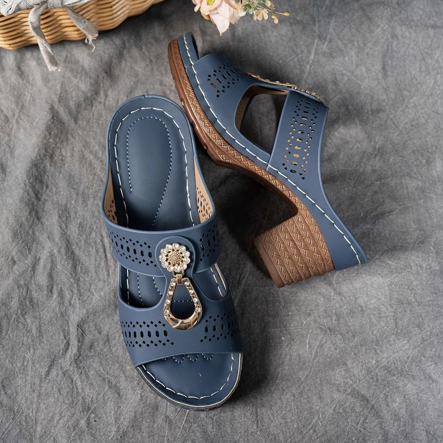 Orthopedic Rhinestones Heel Sandals, Women's Platform Chunky Heels Sandals Orthopedic Wedge Dressy Summer