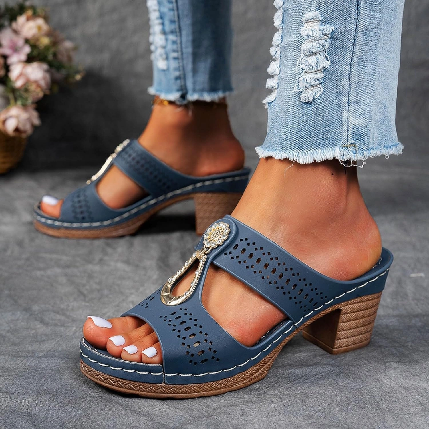 Orthopedic Rhinestones Heel Sandals, Women's Platform Chunky Heels Sandals Orthopedic Wedge Dressy Summer