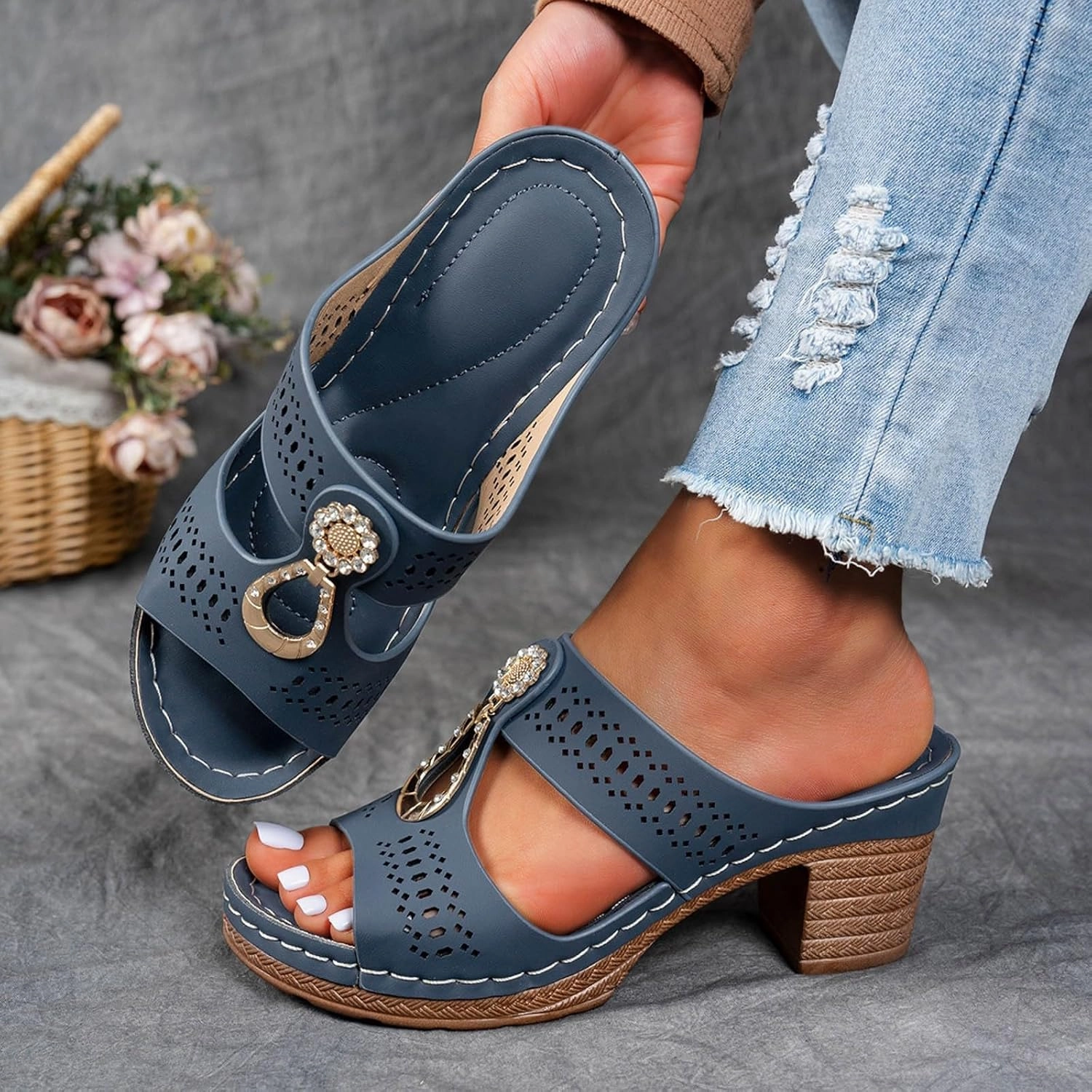 Orthopedic Rhinestones Heel Sandals, Women's Platform Chunky Heels Sandals Orthopedic Wedge Dressy Summer