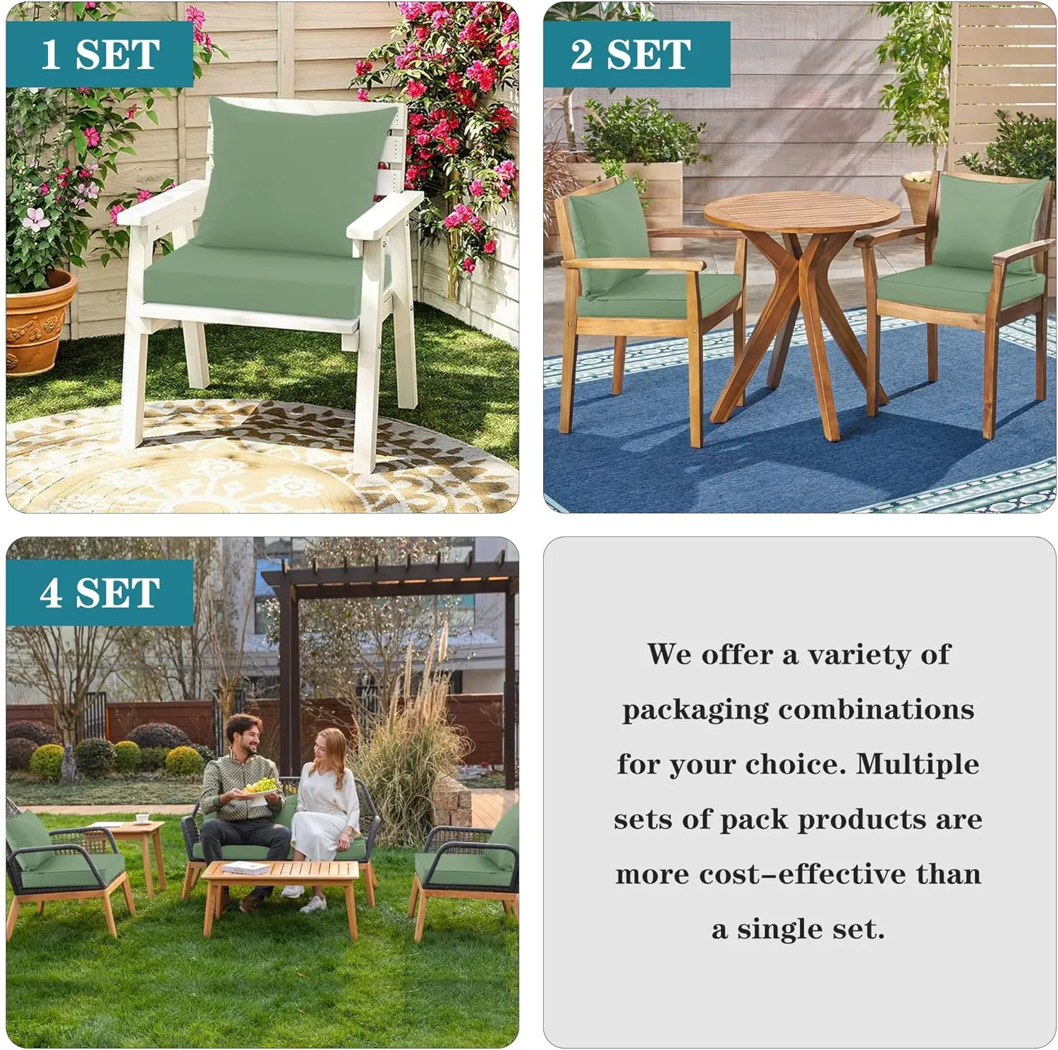 Outdoor Cushions for Patio Furniture, Waterproof Fade and Tear Resistant Deep Seat and Backrest Cushion Set for Chair Couch Swing, 19x19 Inch, Sage Green, 1 Set