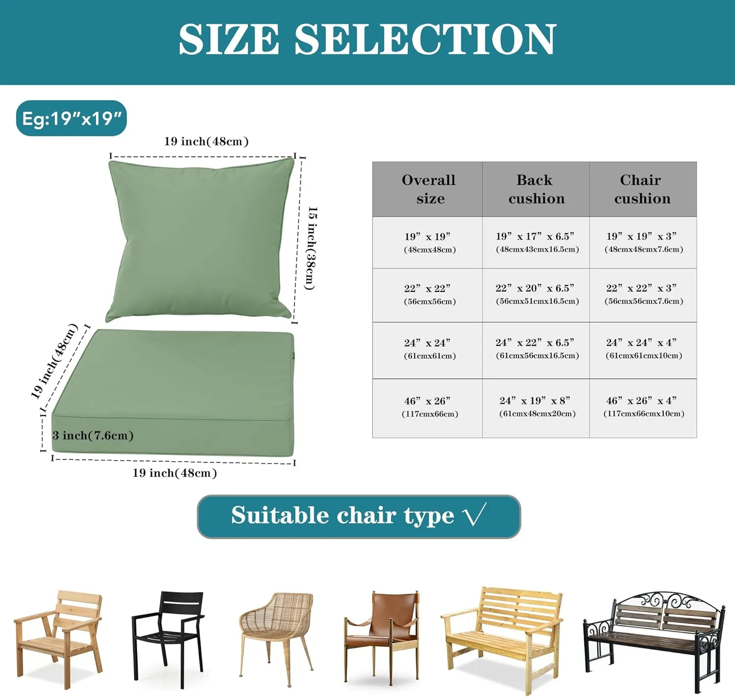 Outdoor Cushions for Patio Furniture, Waterproof Fade and Tear Resistant Deep Seat and Backrest Cushion Set for Chair Couch Swing, 19x19 Inch, Sage Green, 1 Set