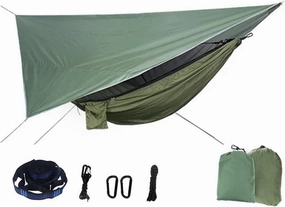 Outdoor Hammock Portable Mosquito Net Nylon Camping Hammock with Rain Fly Canopy Tarp Outdoor Hanging Bed Sleeping Terrace Hammock(Style1)