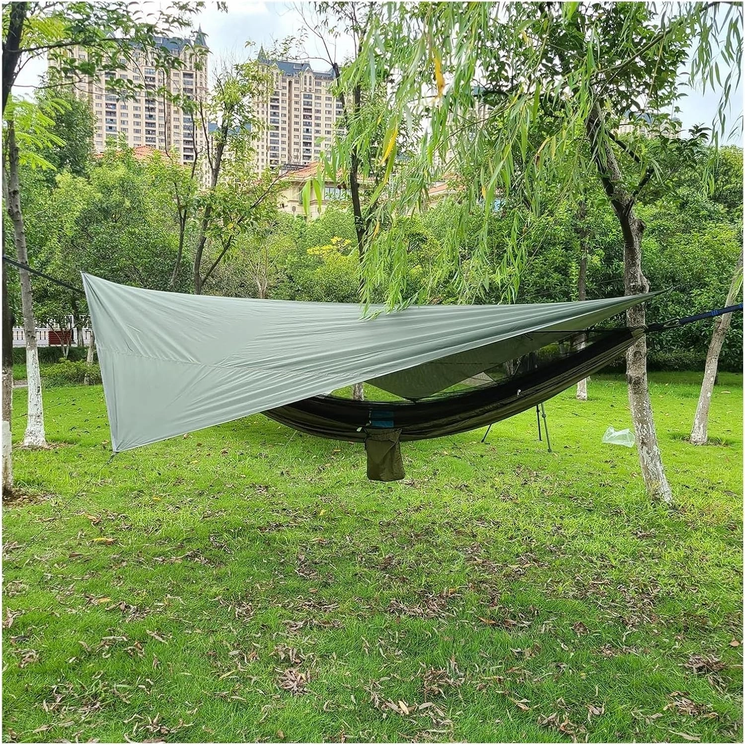 Outdoor Hammock Portable Mosquito Net Nylon Camping Hammock with Rain Fly Canopy Tarp Outdoor Hanging Bed Sleeping Terrace Hammock(Style1)