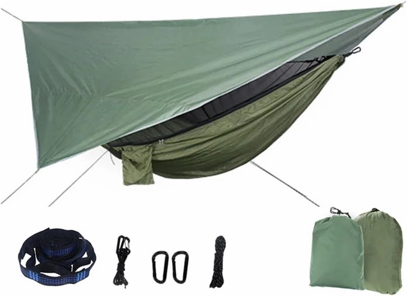 Outdoor Hammock Portable Mosquito Net Nylon Camping Hammock with Rain Fly Canopy Tarp Outdoor Hanging Bed Sleeping Terrace Hammock(Style1)