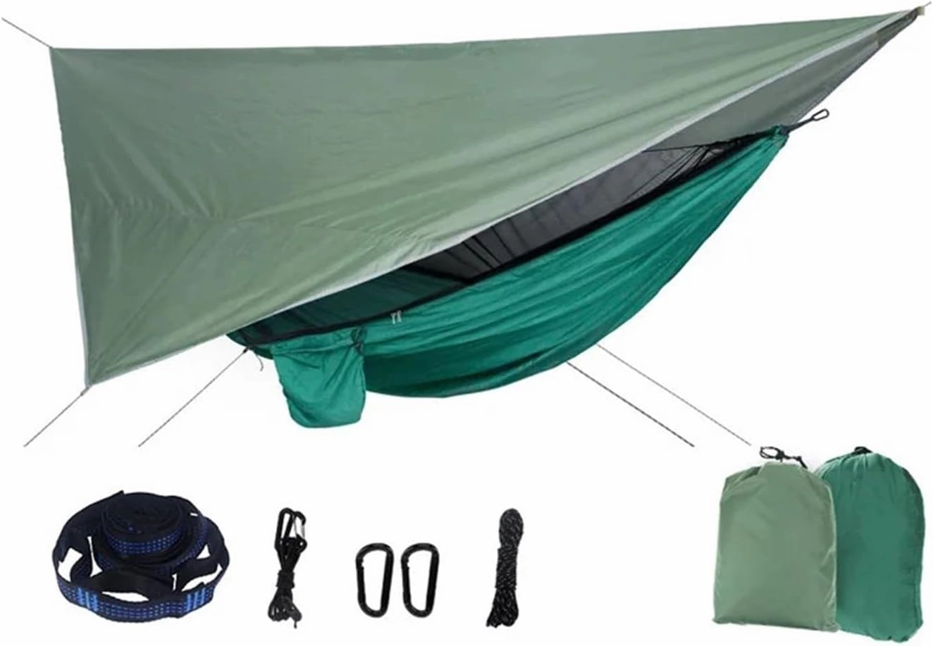 Outdoor Hammock Portable Mosquito Net Nylon Camping Hammock with Rain Fly Canopy Tarp Outdoor Hanging Bed Sleeping Terrace Hammock(Style3)
