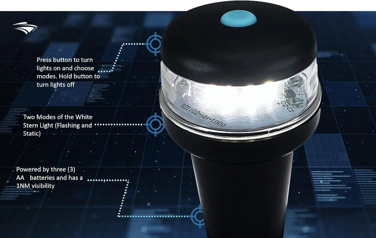Pactrade Marine Navigation Lights for Boats LED - White Battery Powered Nav Lights for Boats - Surface Mounts (Curved), Fixed Base, 2-Mode Operation - 1NM Waterproof