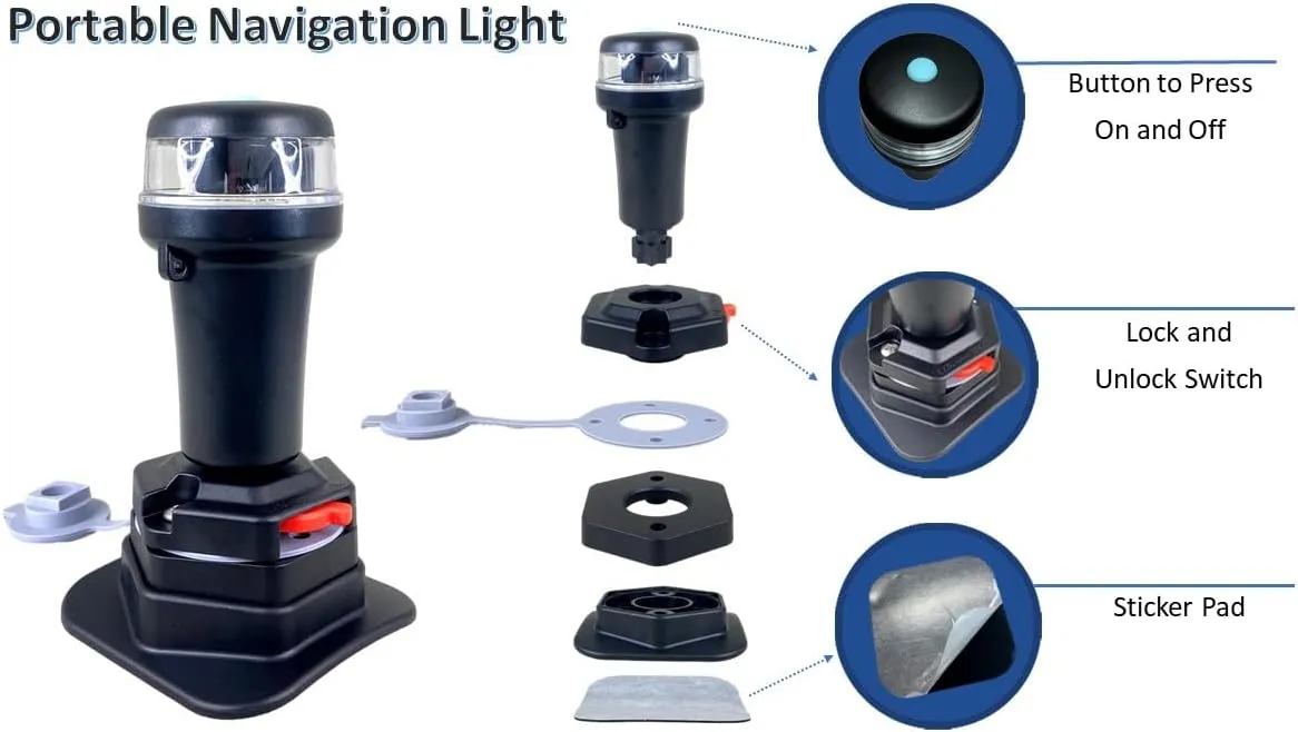 Pactrade Marine Navigation Lights for Boats LED - White Battery Powered Nav Lights for Boats - Surface Mounts (Curved), Fixed Base, 2-Mode Operation - 1NM Waterproof