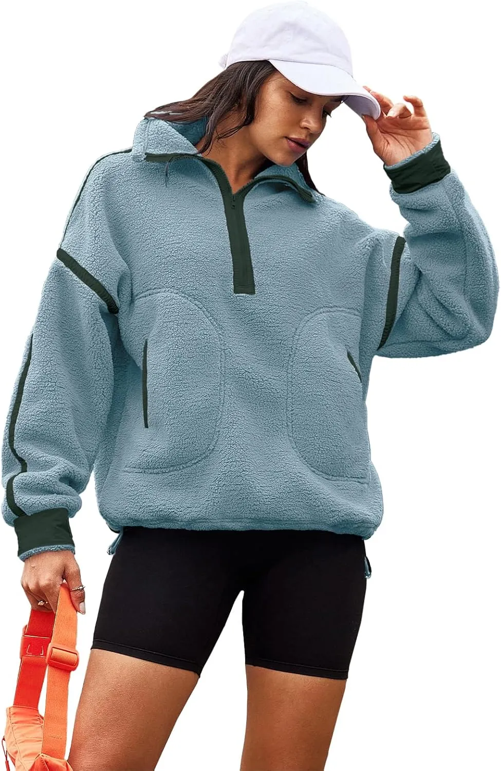 Panadila Womens Half Zip Sherpa Fleece Pullover Soft Oversized Sweatshirt with Pockets Warm Fuzzy Sweater