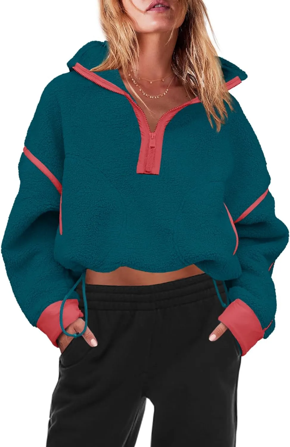 Panadila Womens Half Zip Sherpa Fleece Pullover Soft Oversized Sweatshirt with Pockets Warm Fuzzy Sweater