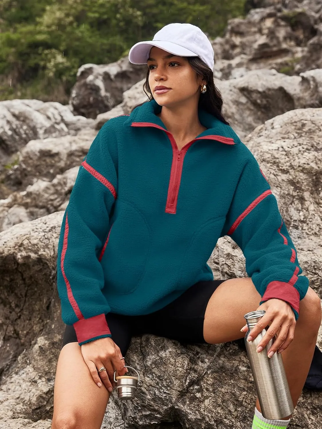 Panadila Womens Half Zip Sherpa Fleece Pullover Soft Oversized Sweatshirt with Pockets Warm Fuzzy Sweater