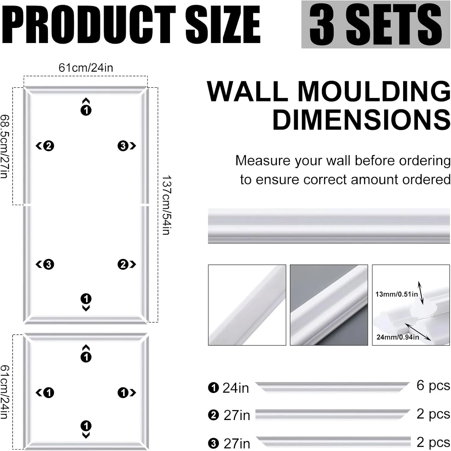 Pangda 3 Set Peel and Stick Wall Molding Kit, Premade Accent Molding Wainscoting Panel for Interior Wall Moulding Decor, Ready to Assemble Wainscoting Accent Panel (54 x 24 in)