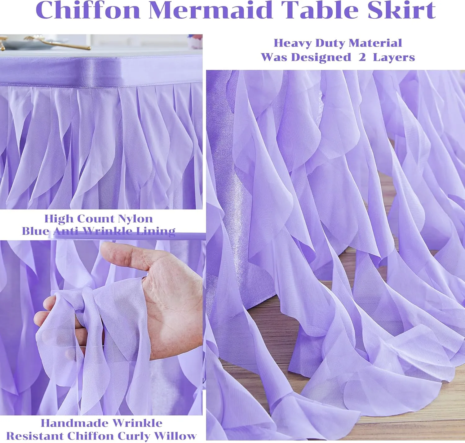 PARTISKY Lavender Purple Tulle Curly Willow Table Skirt for Rectangle Table 6ft, Ruffle Tutu Table Cloth for Girls Boys Baby Shower,Mermaid Birthday Party