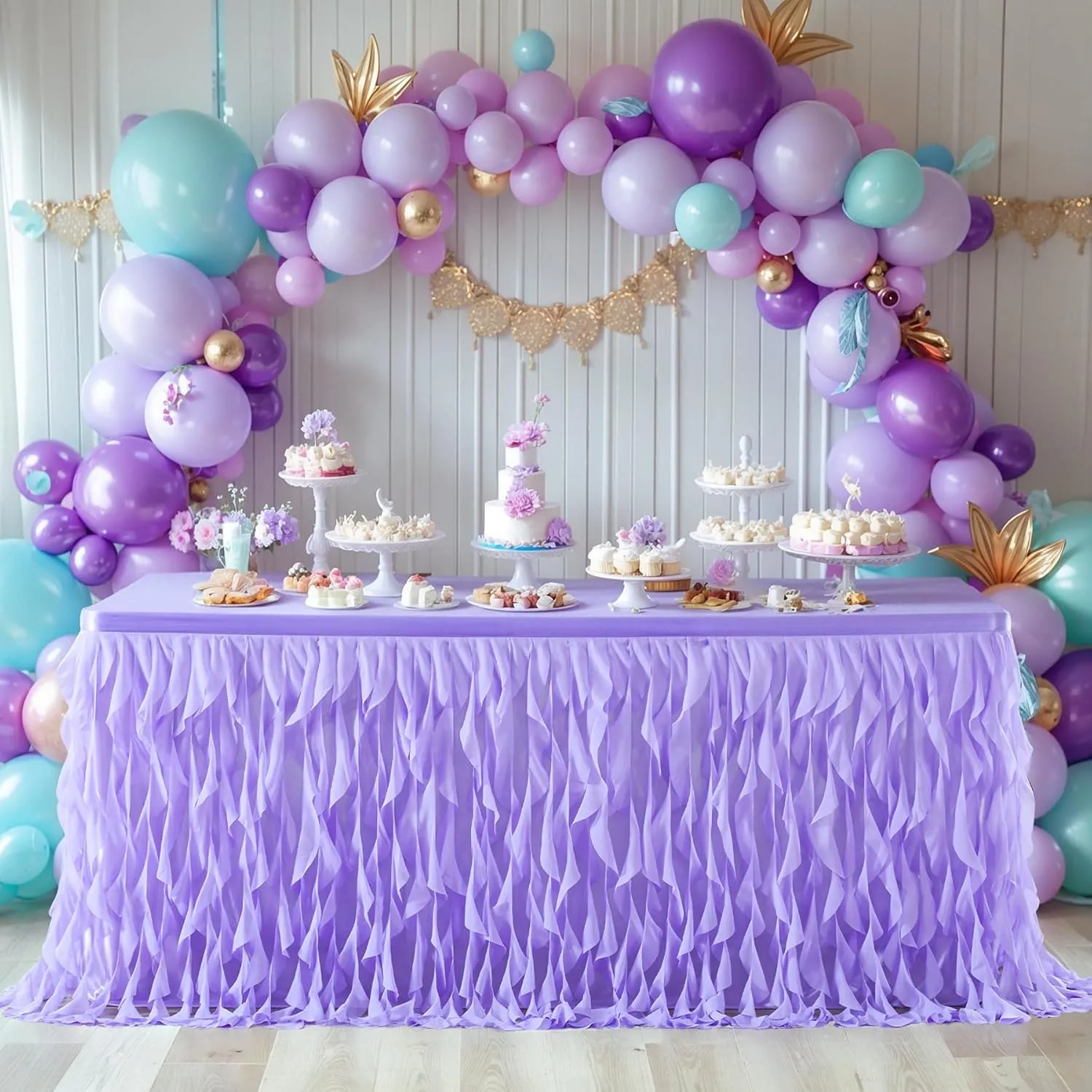 PARTISKY Lavender Purple Tulle Curly Willow Table Skirt for Rectangle Table 6ft, Ruffle Tutu Table Cloth for Girls Boys Baby Shower,Mermaid Birthday Party