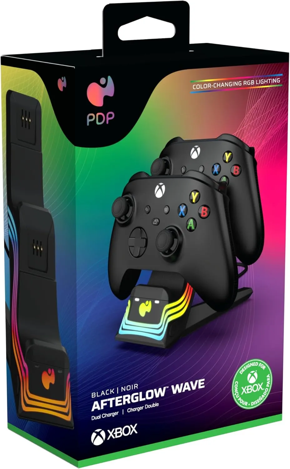 PDP Afterglow Wave LED Dual Gaming Charger for 2 Xbox Controllers, Customizable RGB Lighting Effects - Black