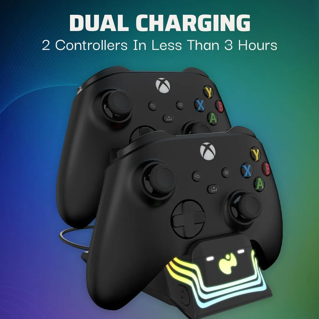 PDP Afterglow Wave LED Dual Gaming Charger for 2 Xbox Controllers, Customizable RGB Lighting Effects - Black