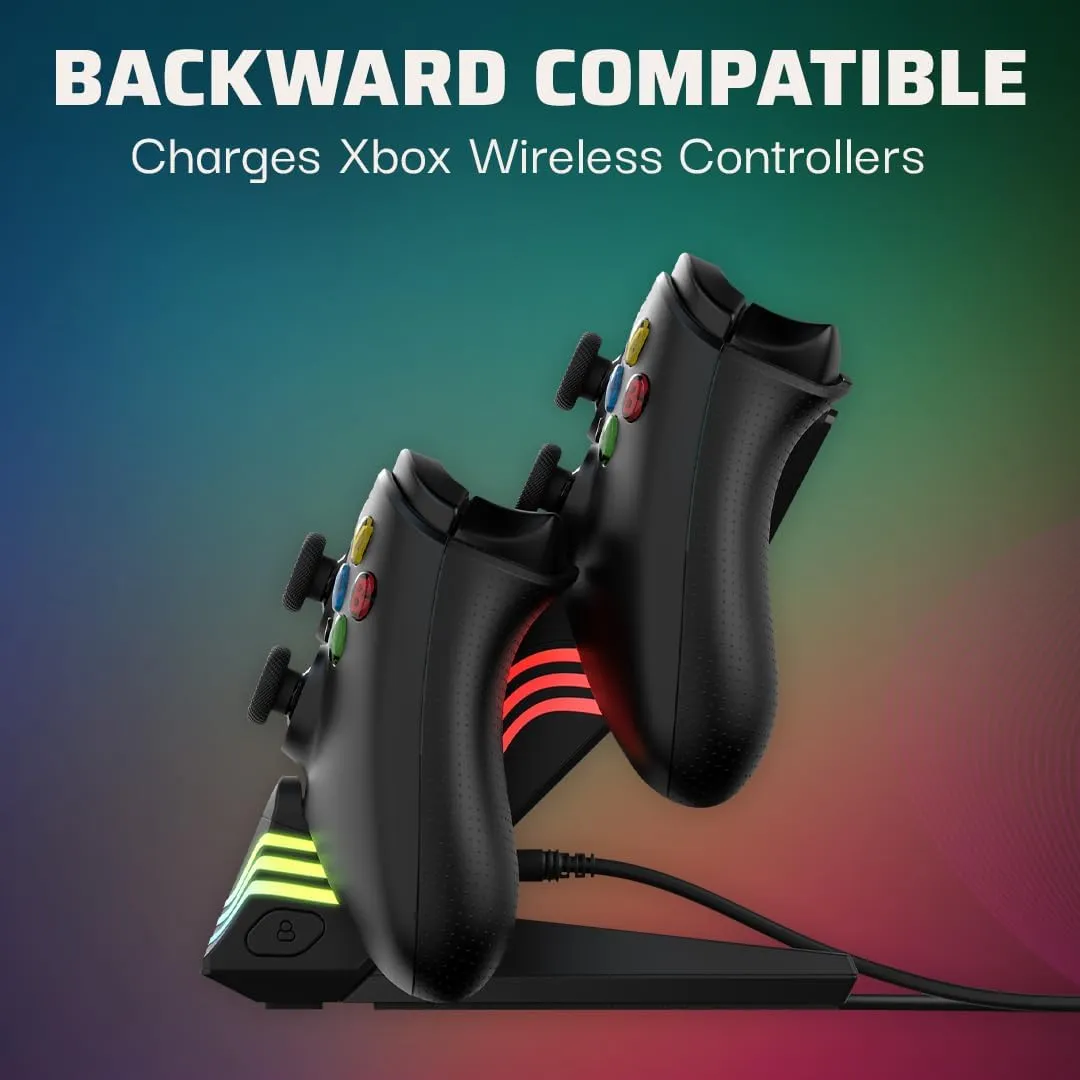 PDP Afterglow Wave LED Dual Gaming Charger for 2 Xbox Controllers, Customizable RGB Lighting Effects - Black