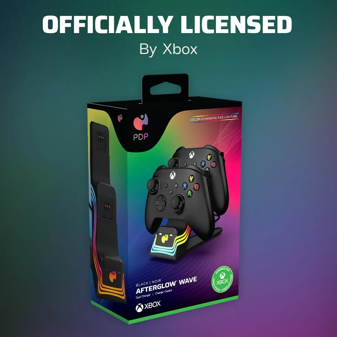 PDP Afterglow Wave LED Dual Gaming Charger for 2 Xbox Controllers, Customizable RGB Lighting Effects - Black