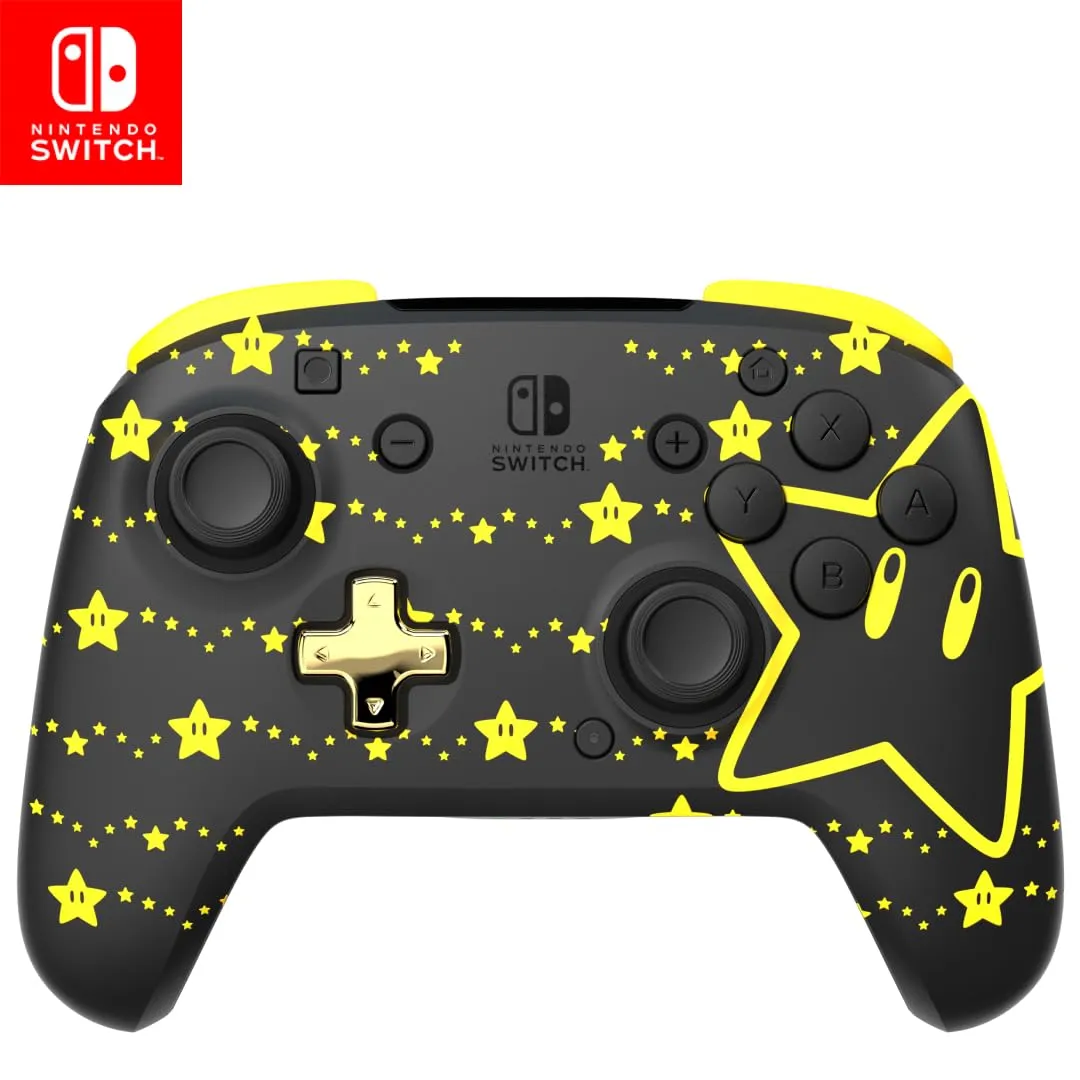 PDP REMATCH Enhanced Wireless Nintendo Switch Pro Controller - Rechargeable Battery Powered, Mario Super Star Glow in the Dark