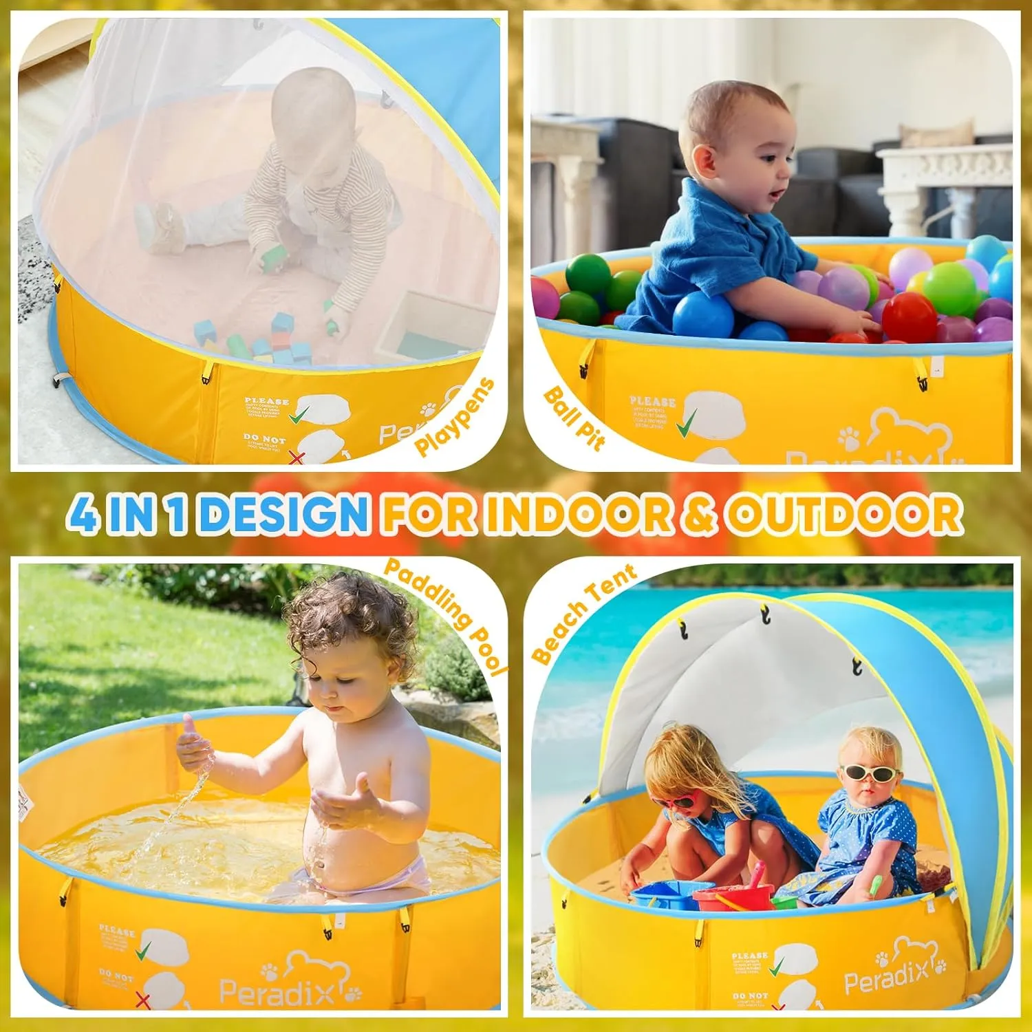 Peradix Baby Beach Tent, Paddling Pool for Kids & Pets with UV Sun Shelter Canopy, Mosquito Net - Portable Pop Up Infant Ball Pit Tent, Toddler Wading Pool, Perfect for Summer Beach Fun