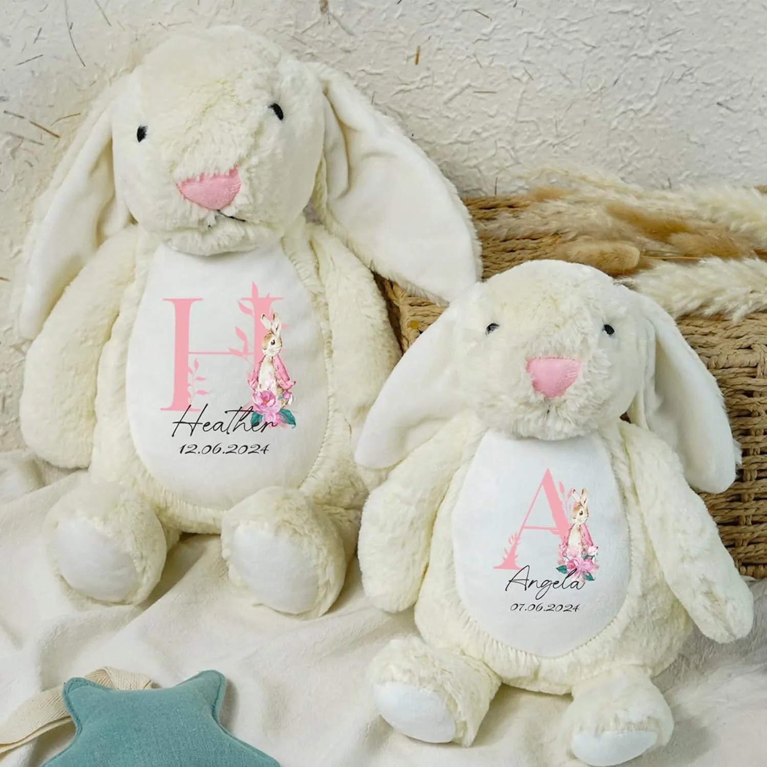 Personalized Bunny Rabbit, Initial Custom Plush Stuffed Animal Soft Bunny with Baby's Name Birth Date Bunny Doll Baby Shower Easter Chritmas Brithday Gift(Style B)